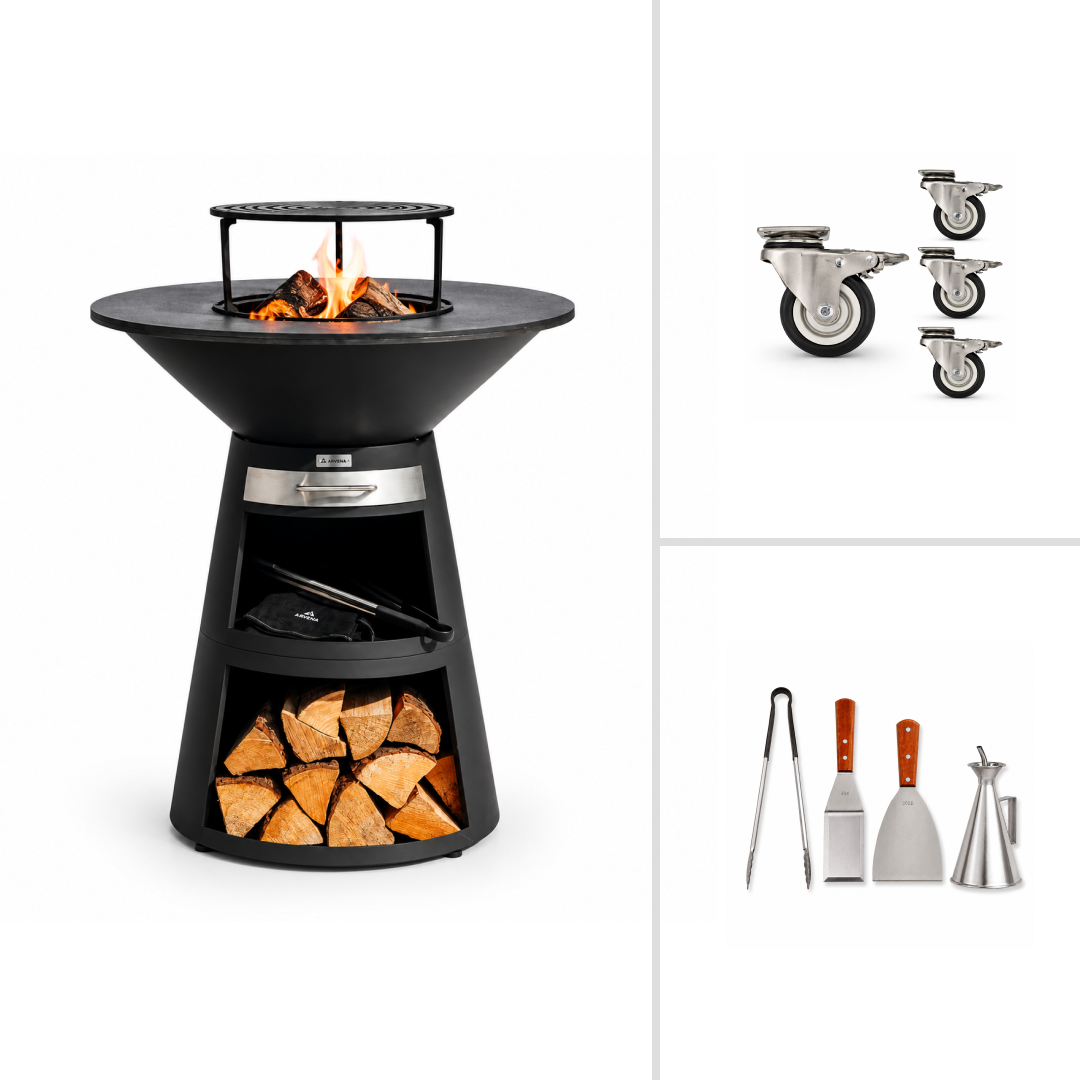 Sæt: Bålpladegrill Aska + grilltilbehør + hjul